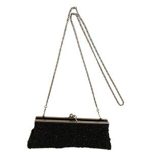 Vintage Black Beaded Clutch Purse With Chain Strap & Silver-Tone Frame